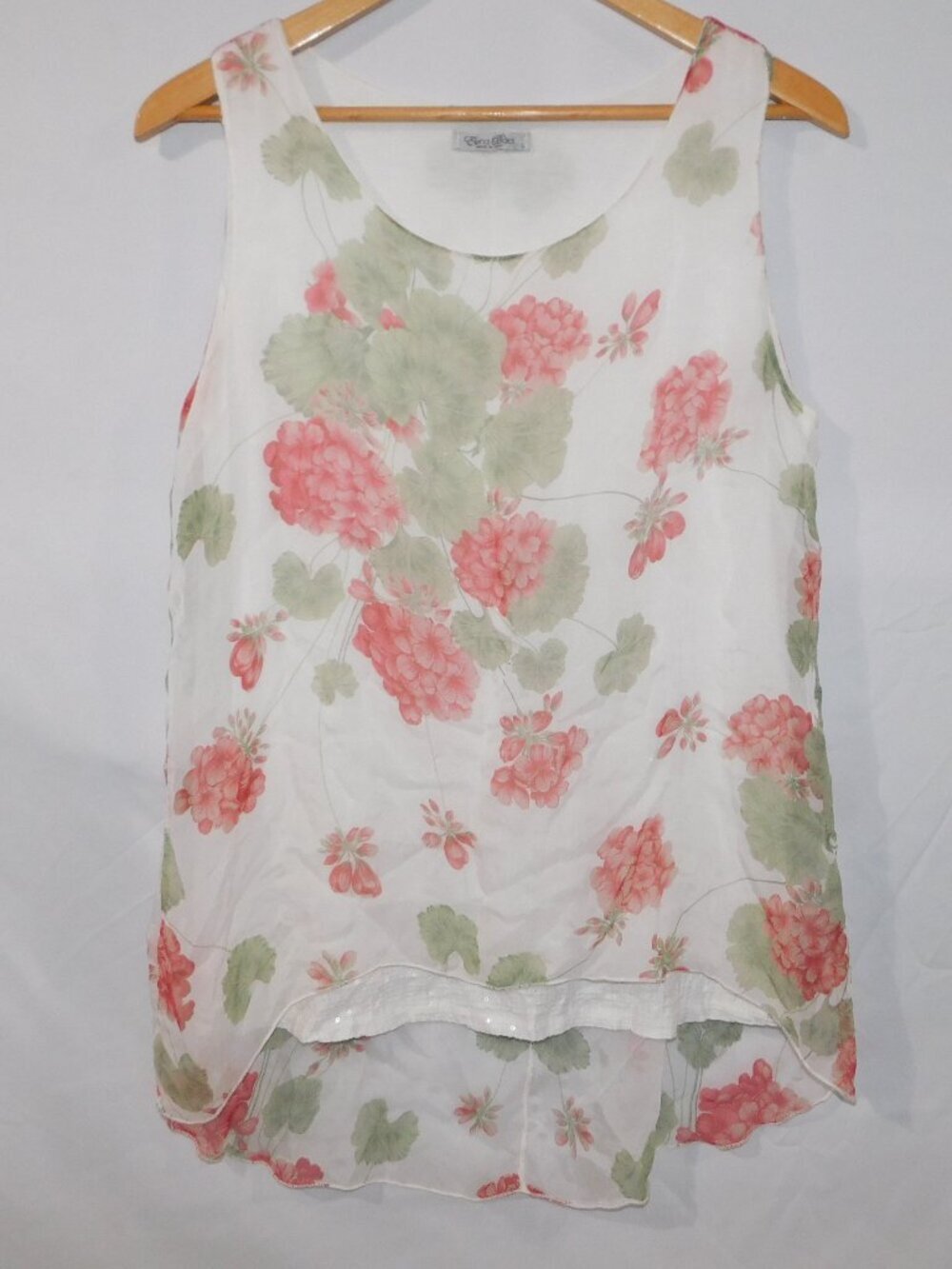Elena Baldi Italy White Pink Green Floral Silk flowy high low Tank top Womens L